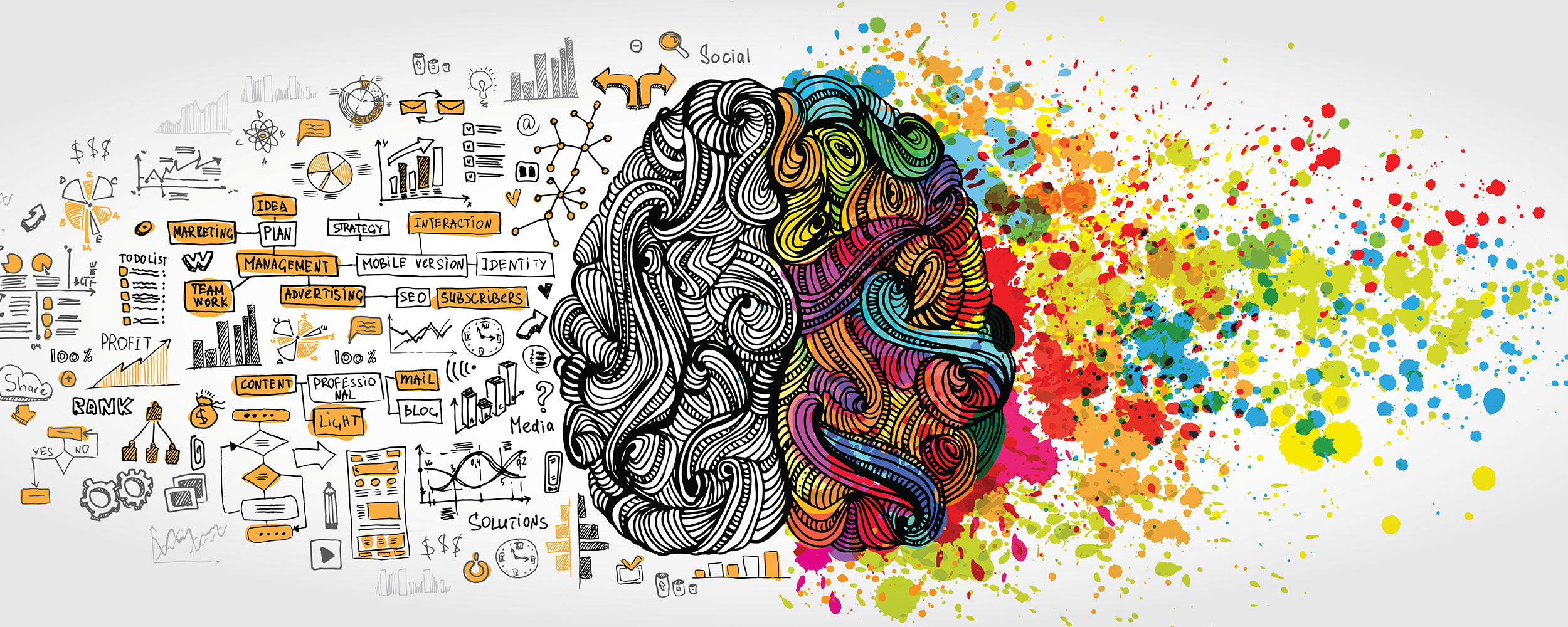 Left right human brain concept. Creative part and logic part with social and business doodle