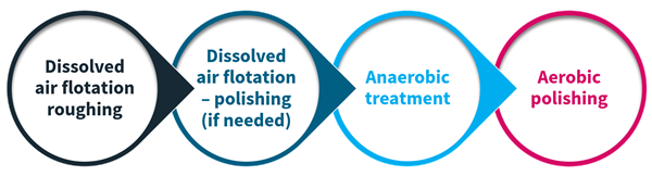 Four alternatives for wastewater treatment: Dissolved air flotation roughing, polishing, Anaerobic treatment, Aerobic polishing.